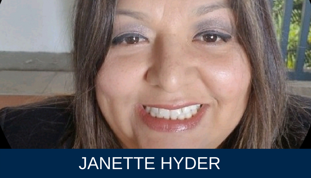Photo of Janette Hyder with her name in white over a blue background