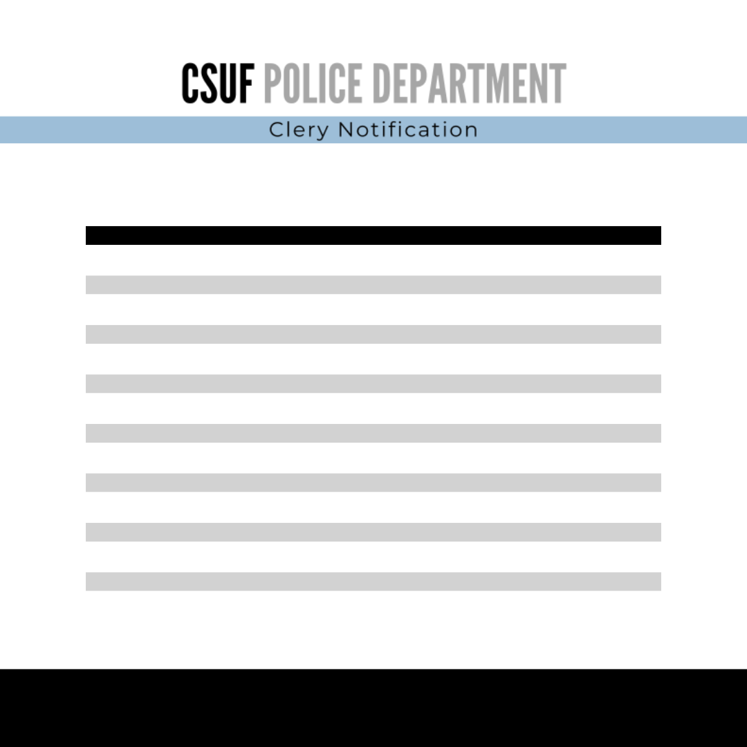 The image displayed gives the viewer an idea of what a Clery notification received via email might look like. All Clery notifications will have a header that says "CSUF Police Department Clery Notification" with a light blue bar that indicates that the message is a Clery Timely Warning. 